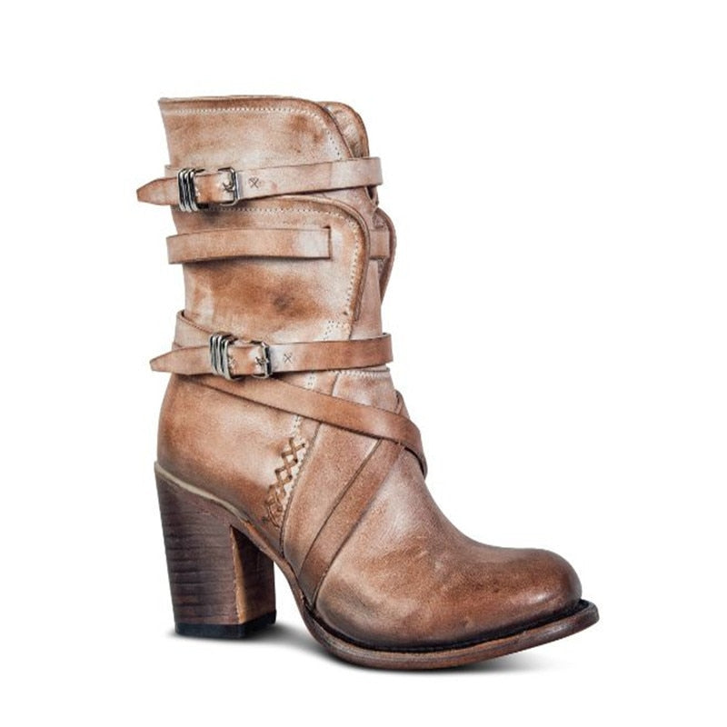 Vintage Leather Ankle Boots Strappy Buckle Design With Block Heel - Product detail 4