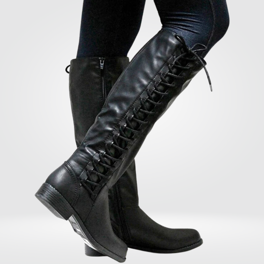Lace Up Knee High Boots Classic Black Leather Combat Design - Product showcase