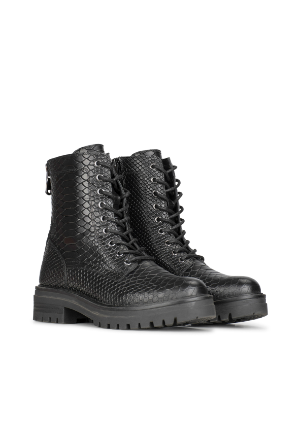 Python Pattern Combat Boots Black Textured Leather Design - Detailed view