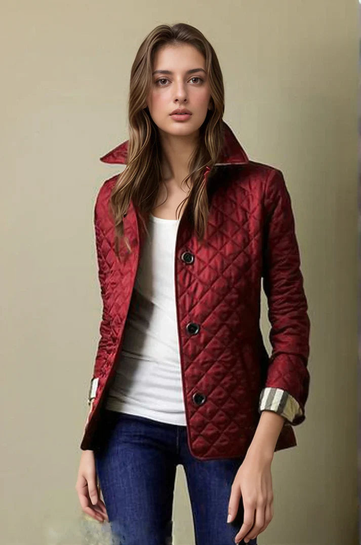 Quilted Button Up Jacket Diamond Pattern Burgundy Design - Product showcase