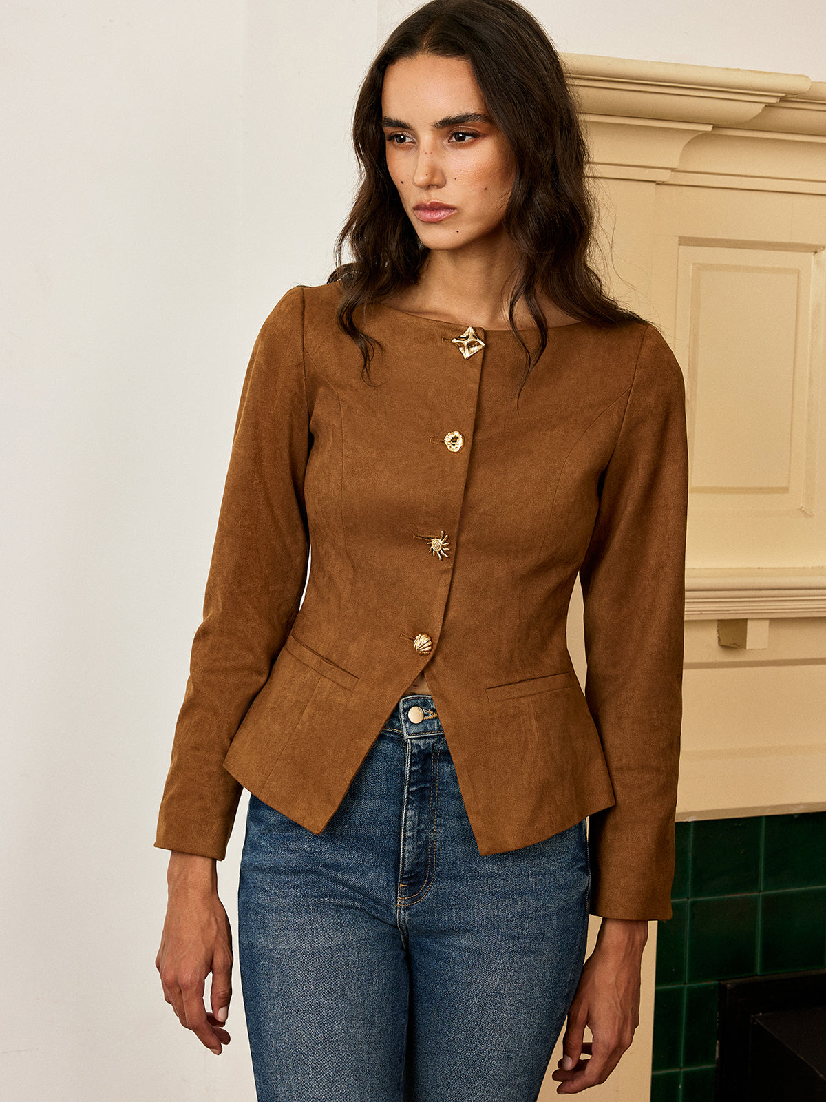 Brown Suede Blazer Fitted Metal Button Jacket - Product detail 4