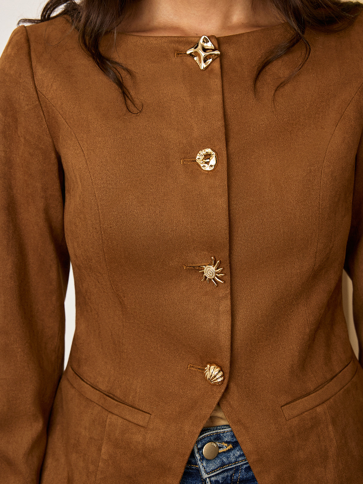Brown Suede Blazer Fitted Metal Button Jacket - Product detail 5