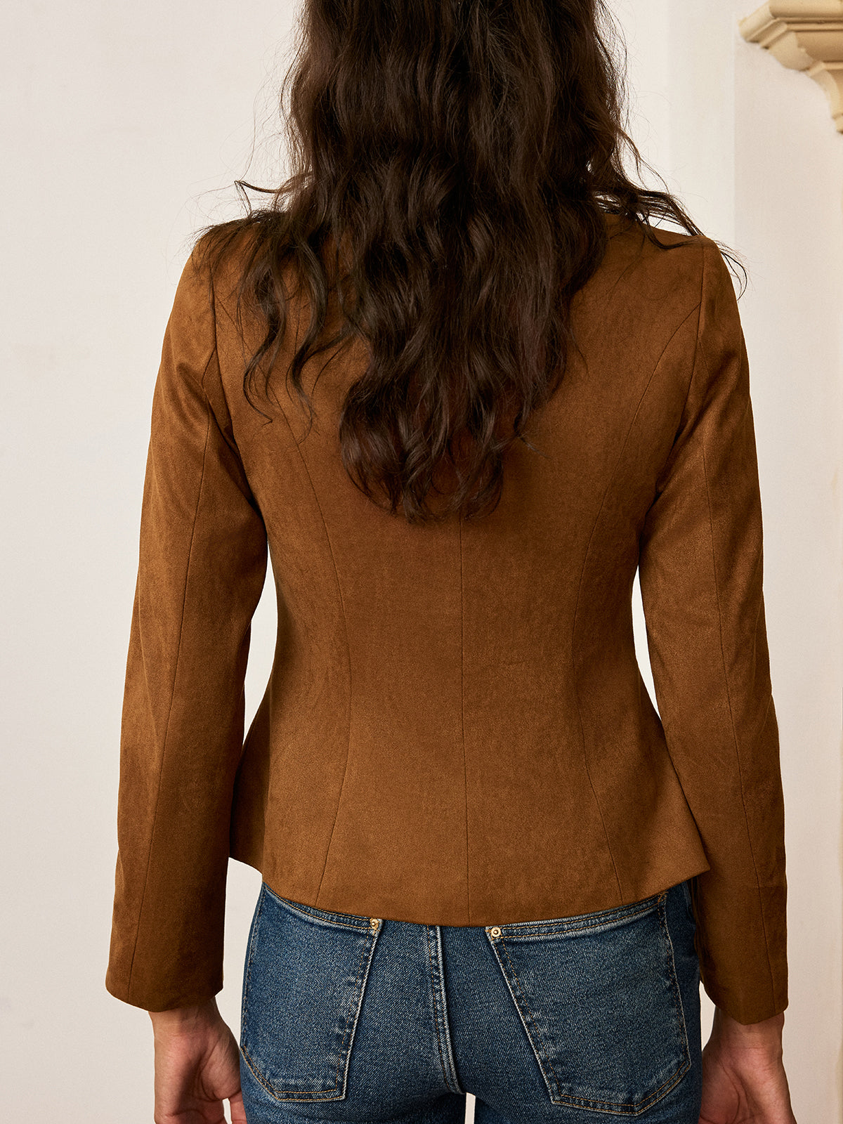 Brown Suede Blazer Fitted Metal Button Jacket - Product detail 6