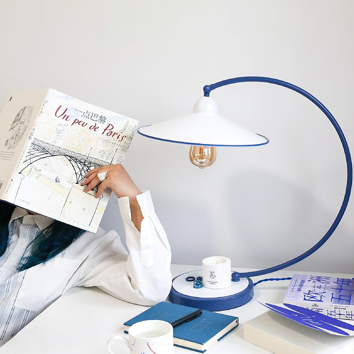 Modern Desk Lamp White Shade Blue Curved Design - Product example