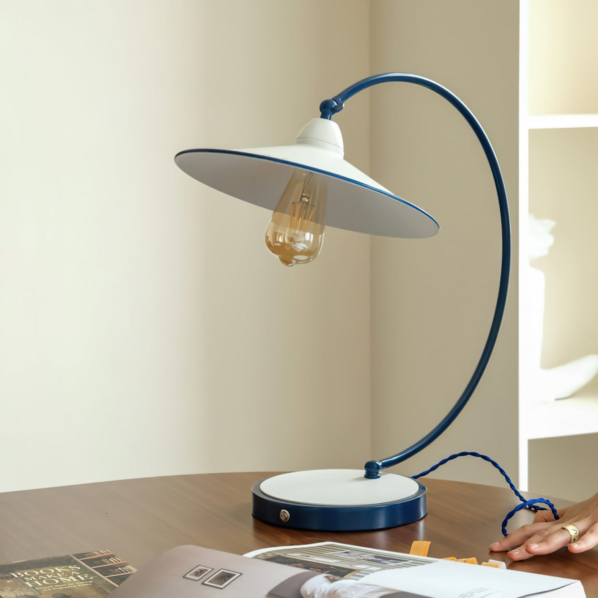 Modern Desk Lamp White Shade Blue Curved Design - Detailed view