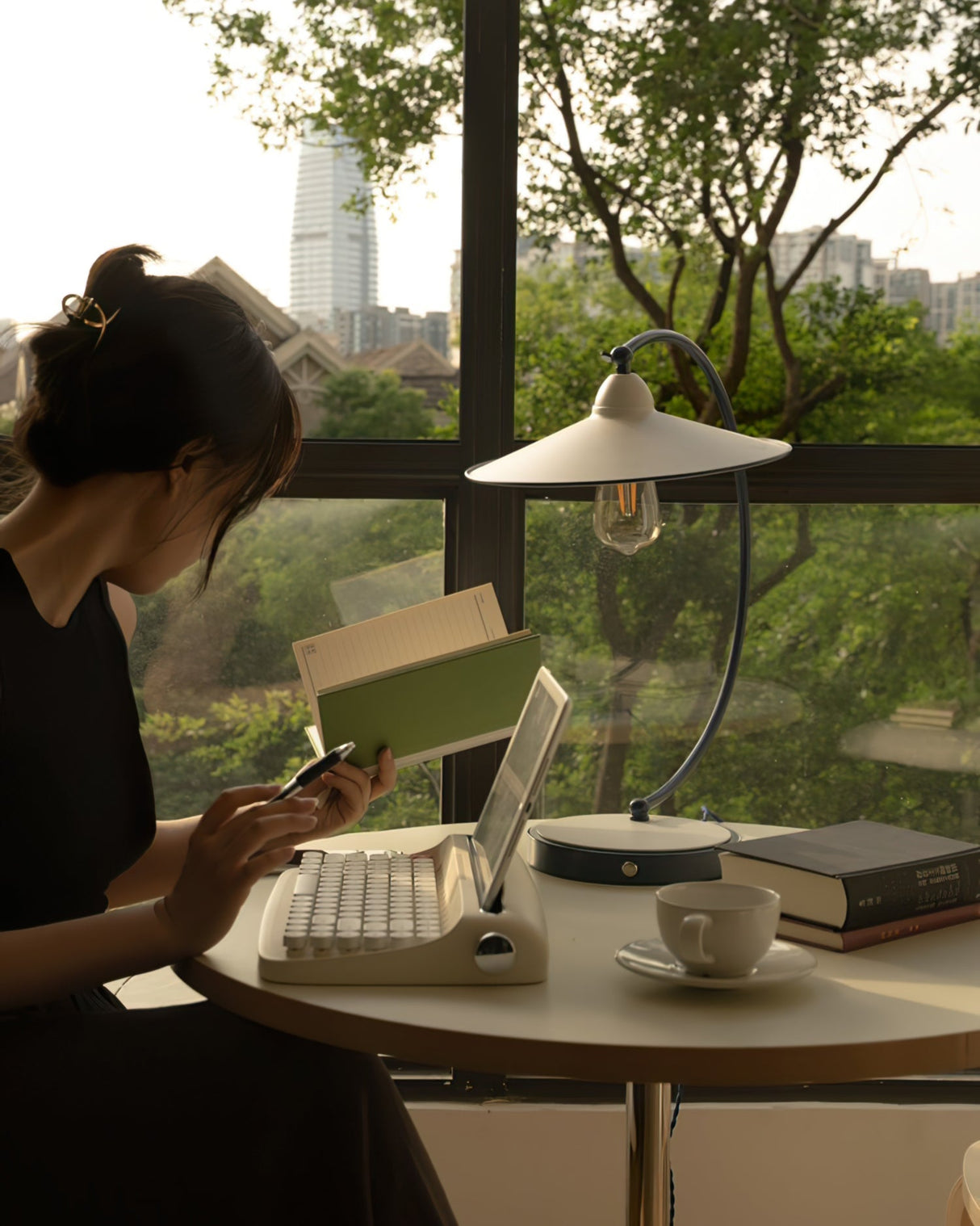 Modern Desk Lamp White Shade Blue Curved Design - Product detail 9