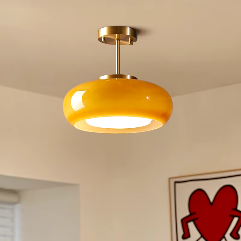 Modern Glass Ceiling Light Amber Dome With Brass Finish - Detailed view