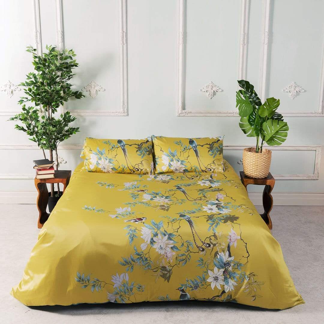Botanical Cotton Pillowcase Set Yellow Floral Print With Birds - Product example