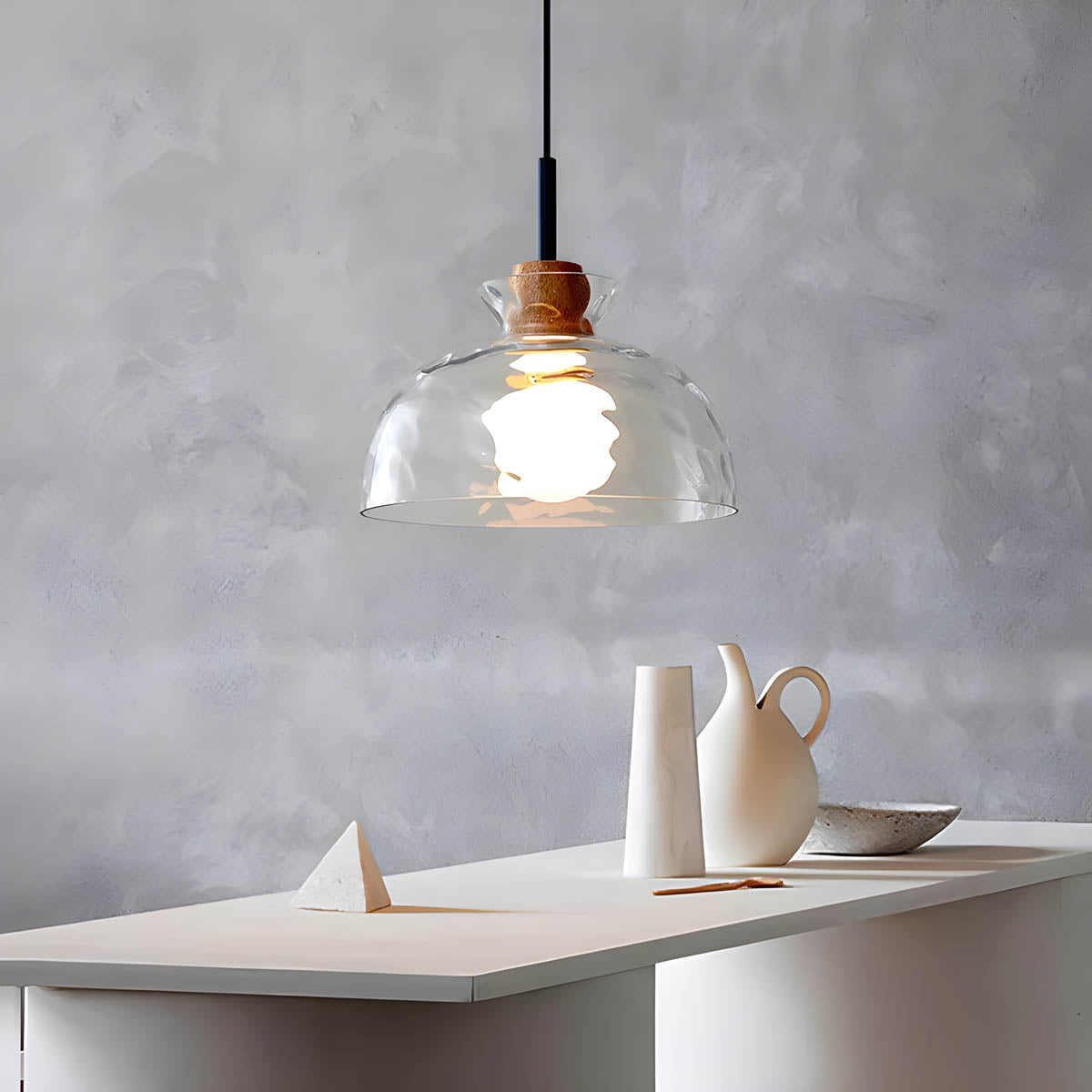Modern Glass Pendant Light  Clear Dome Shades with Wood Accent - Detailed view