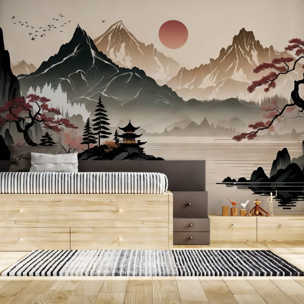 Japanese Mountain Mural Wallpaper | Sunset Cherry Blossom Scene