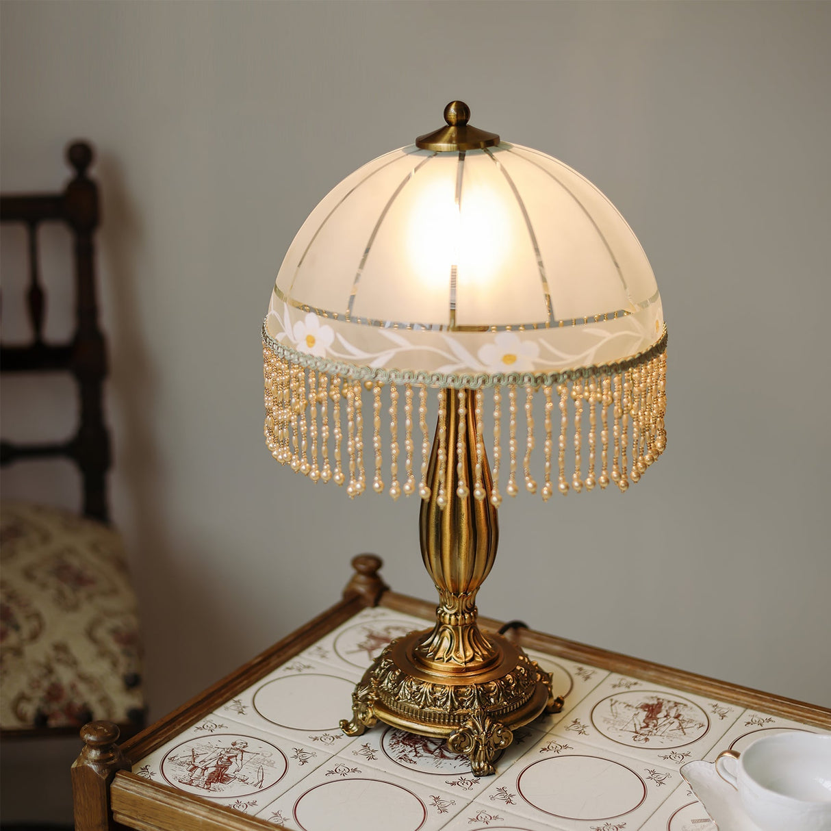 Victorian Table Lamp Brass Base with Beaded Fringe Shade - Product detail 5