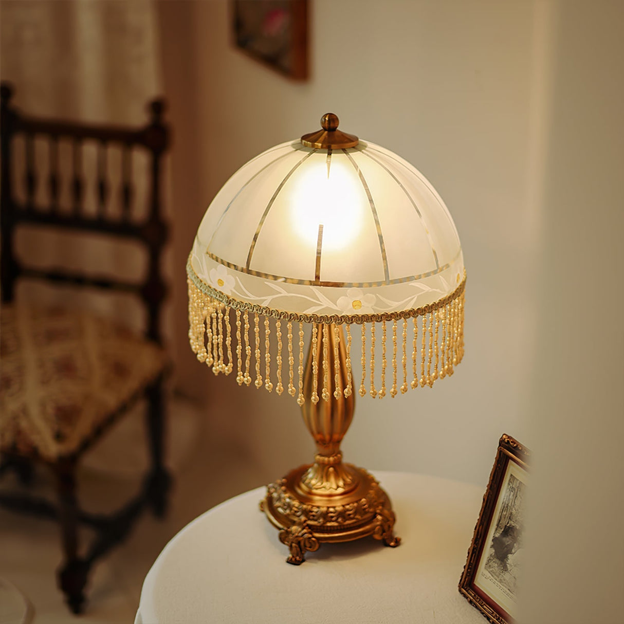 Victorian Table Lamp Brass Base with Beaded Fringe Shade - Product detail 8