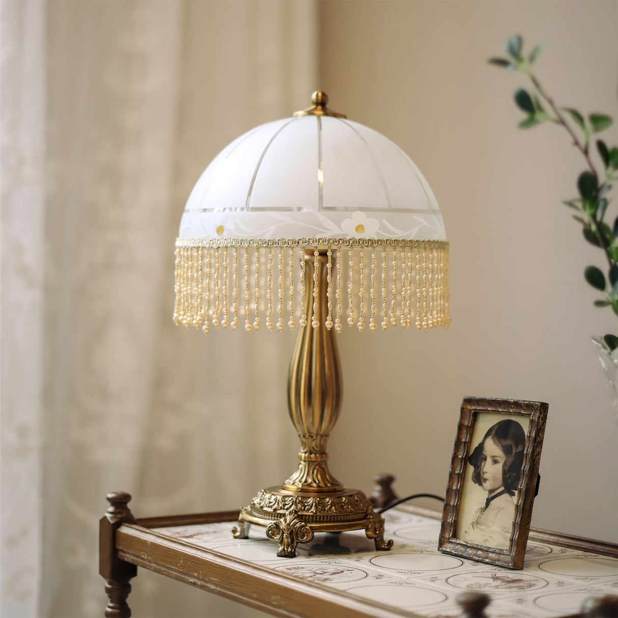 Victorian Table Lamp Brass Base with Beaded Fringe Shade - Product example