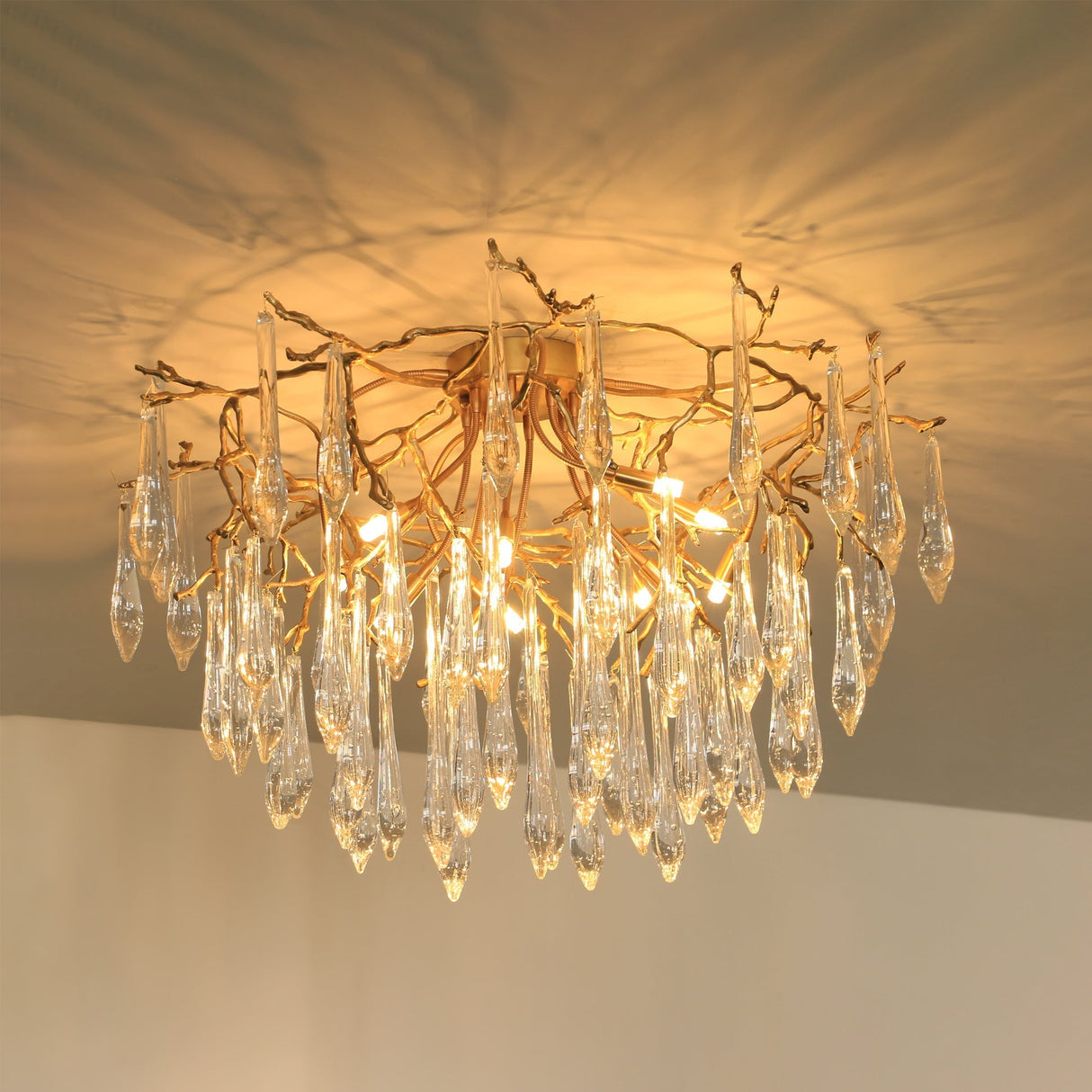 Crystal Ceiling Lamp Brass Frame with Glass Droplets - Detailed view