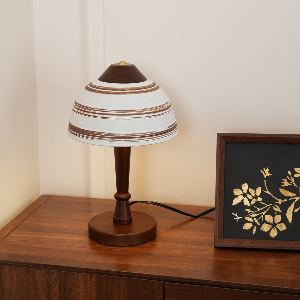 Modern LED Table Lamp Walnut Wood Base with Striped Shade - Product detail 11