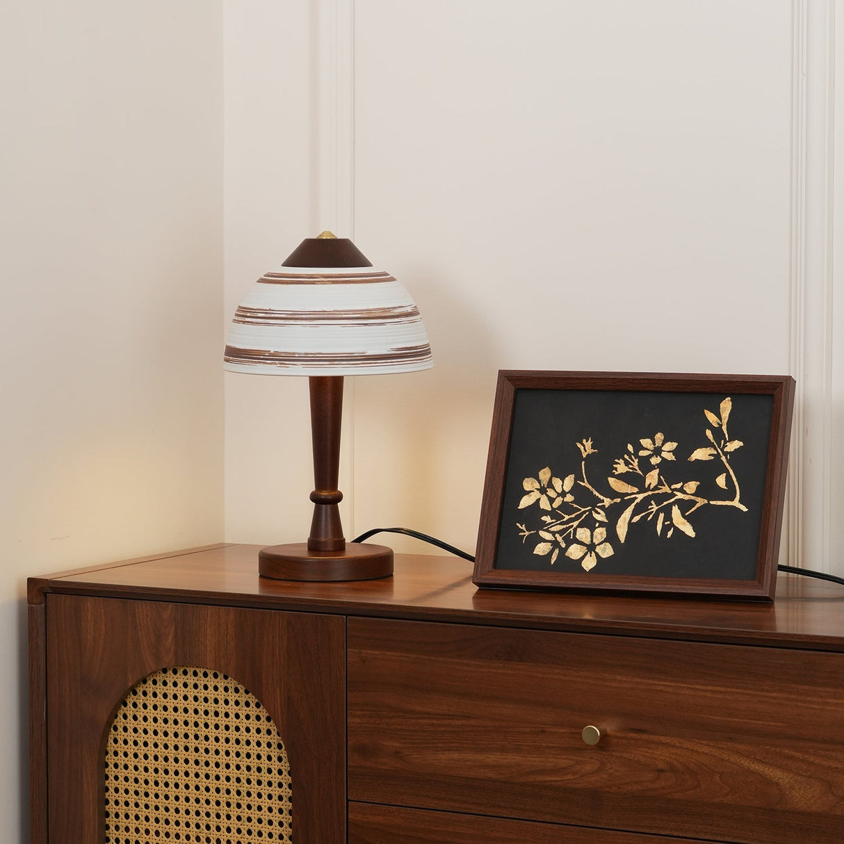 Modern LED Table Lamp Walnut Wood Base with Striped Shade - Product detail 10
