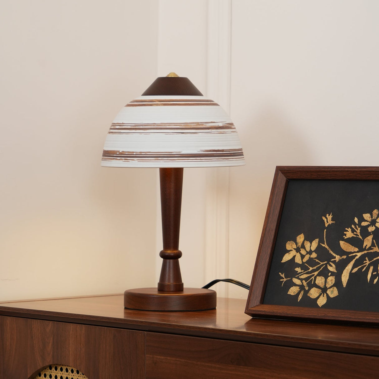 Modern LED Table Lamp Walnut Wood Base with Striped Shade - Detailed view