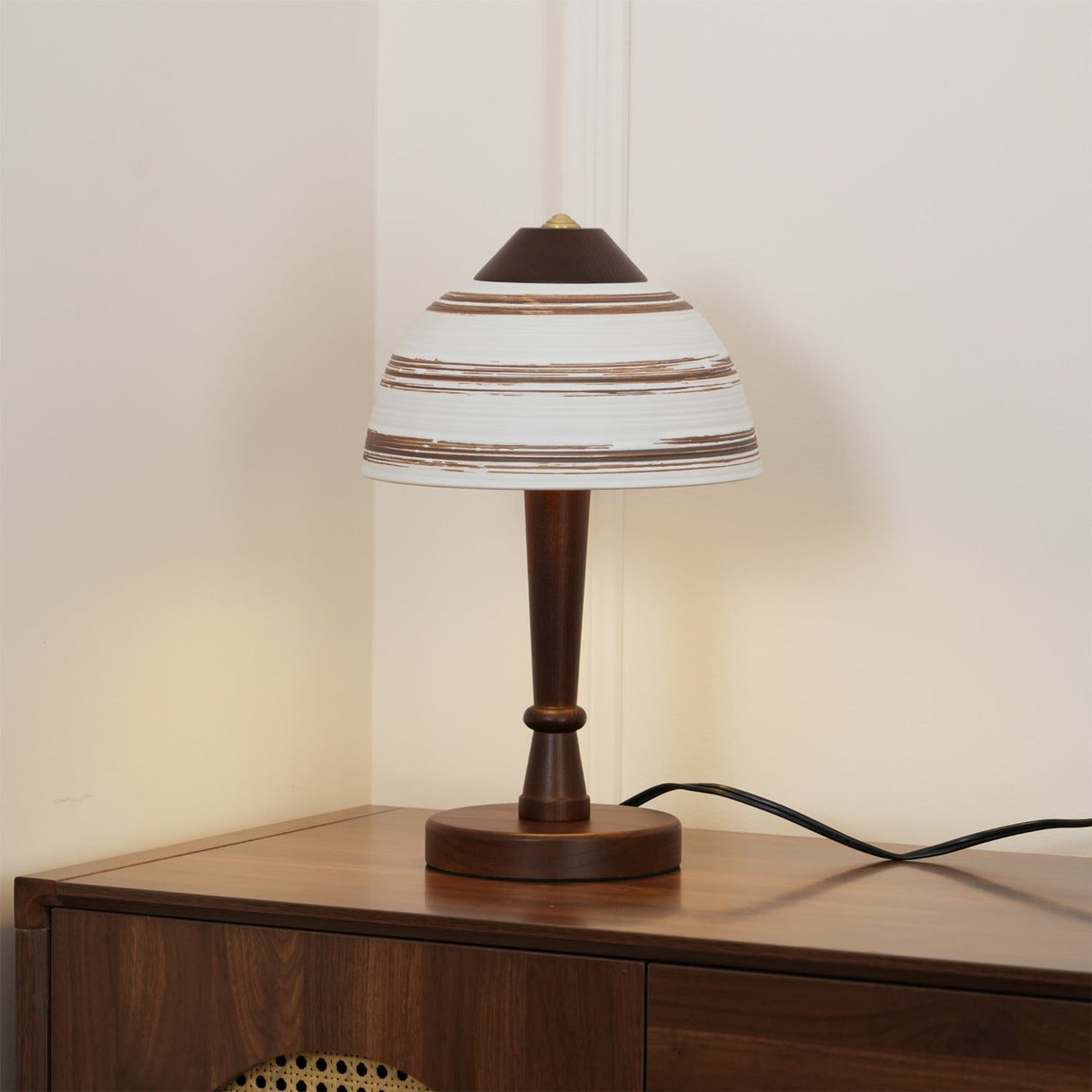 Modern LED Table Lamp Walnut Wood Base with Striped Shade - Product example