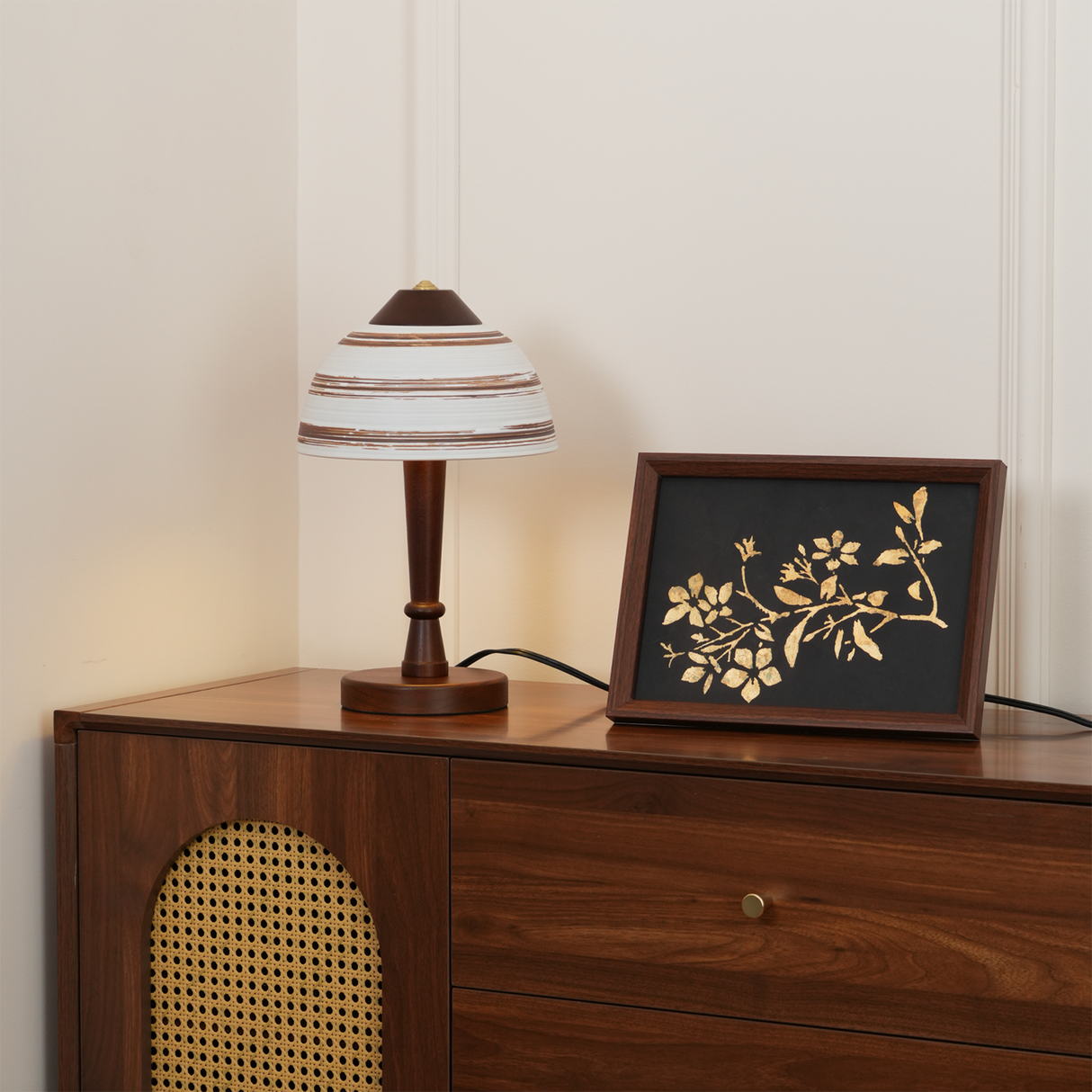 Modern LED Table Lamp Walnut Wood Base with Striped Shade - Product detail 13