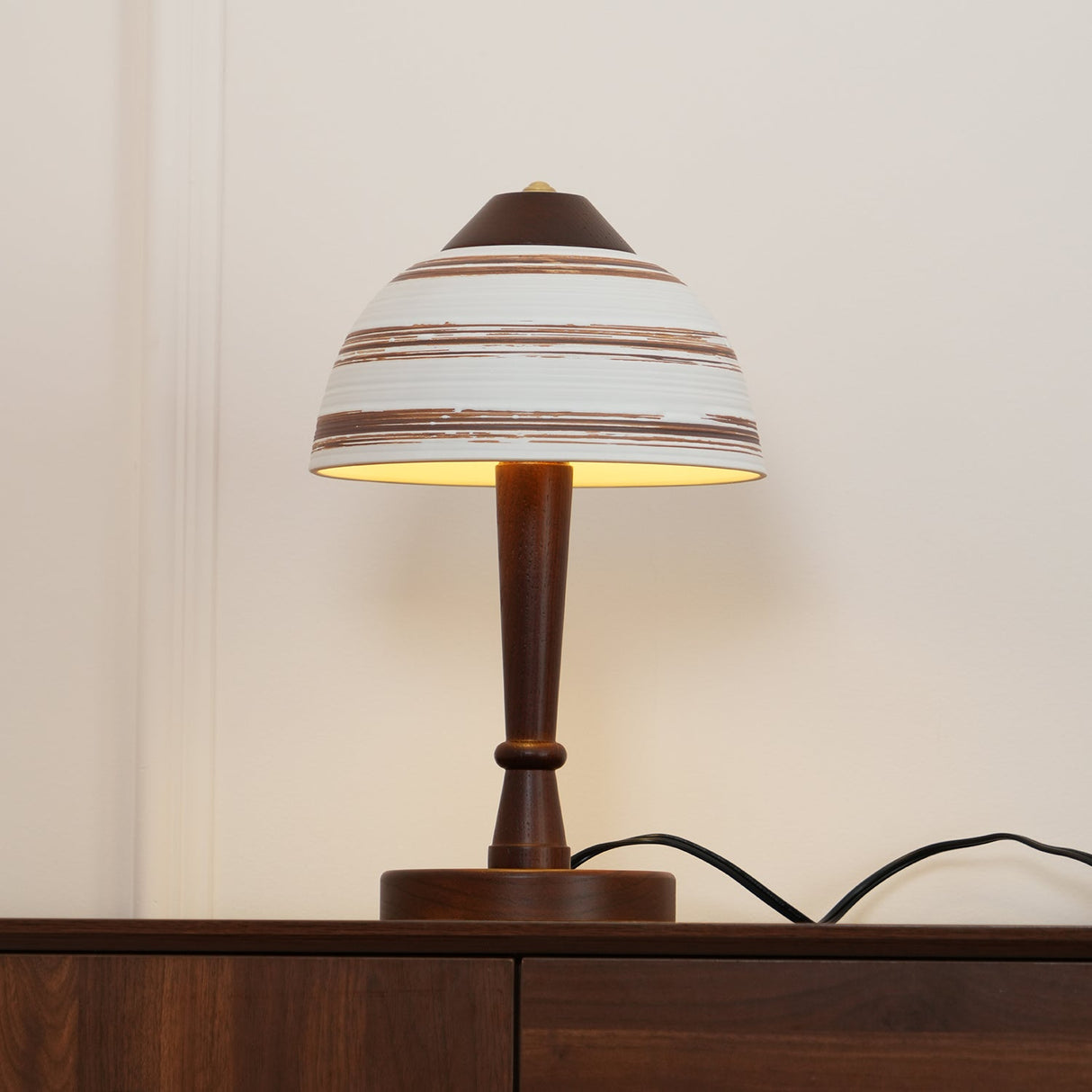 Modern LED Table Lamp Walnut Wood Base with Striped Shade - Product detail 8