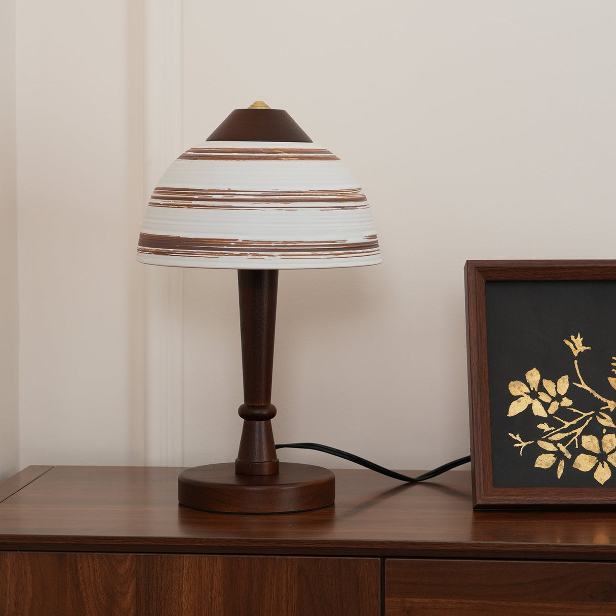 Modern LED Table Lamp Walnut Wood Base with Striped Shade - Product detail 6