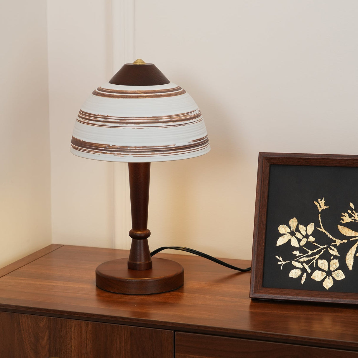 Modern LED Table Lamp Walnut Wood Base with Striped Shade - Product detail 12