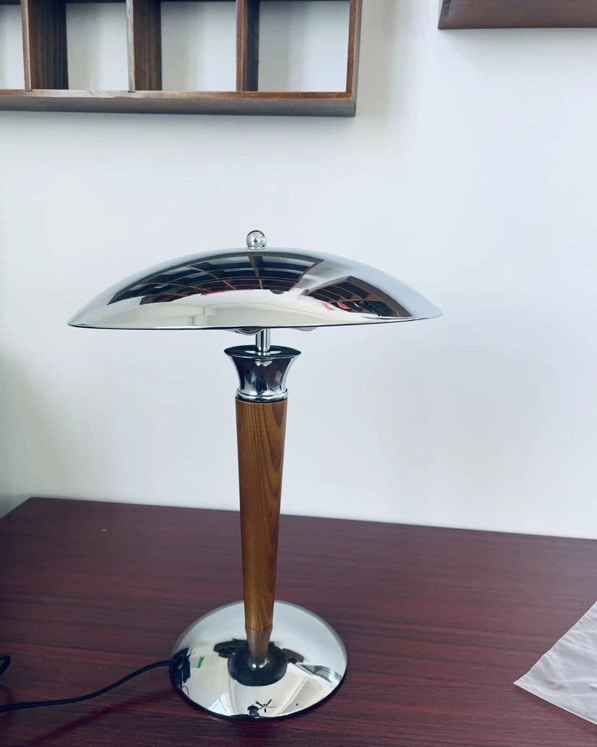 Modern Table Lamp Chrome Shade Wood Stem Design - Product detail 37
