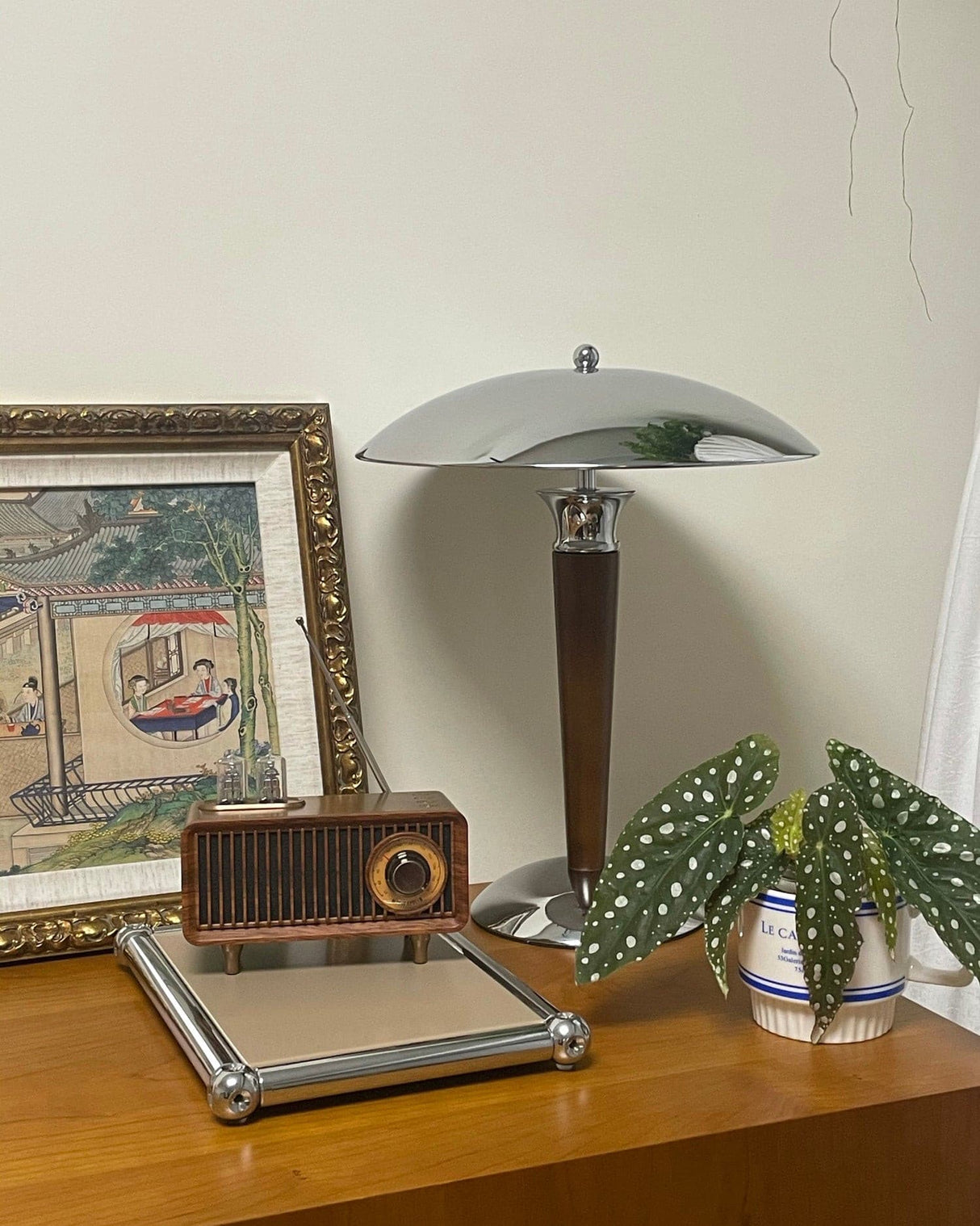 Modern Table Lamp Chrome Shade Wood Stem Design - Product detail 7