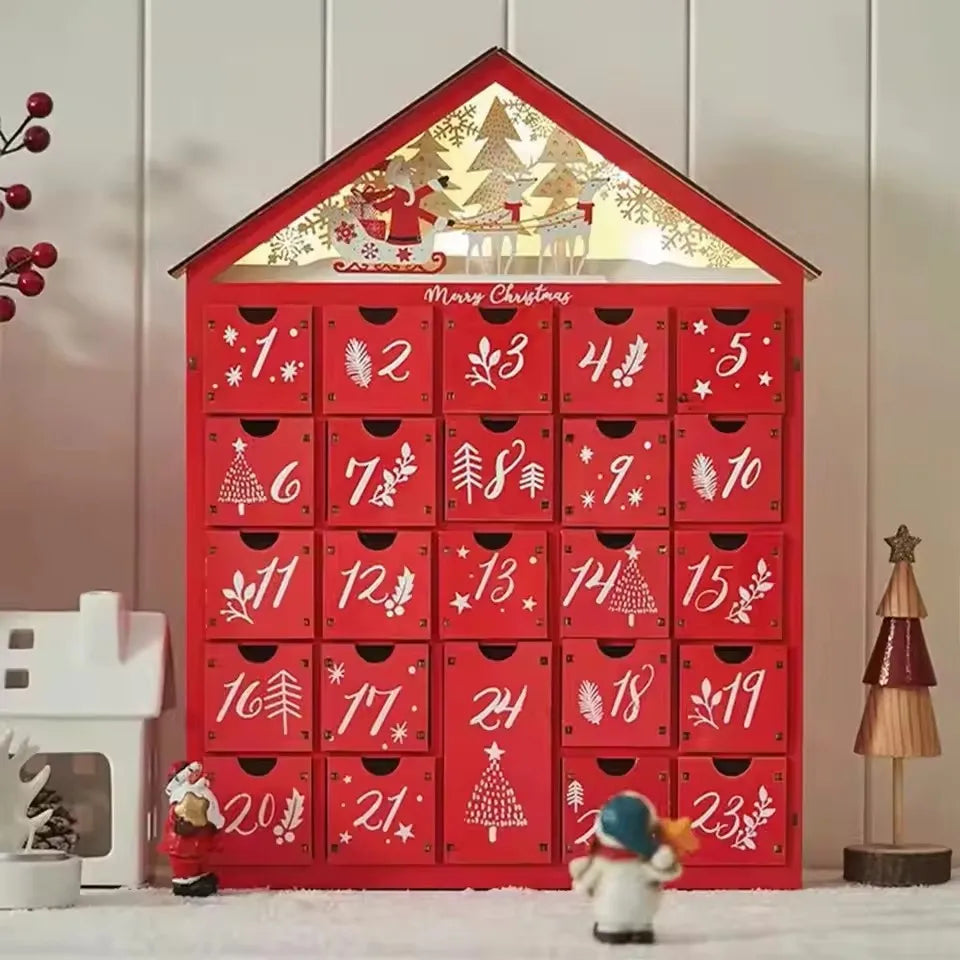 Wooden Advent Calendar Red House Design with LED Lights - Detailed view