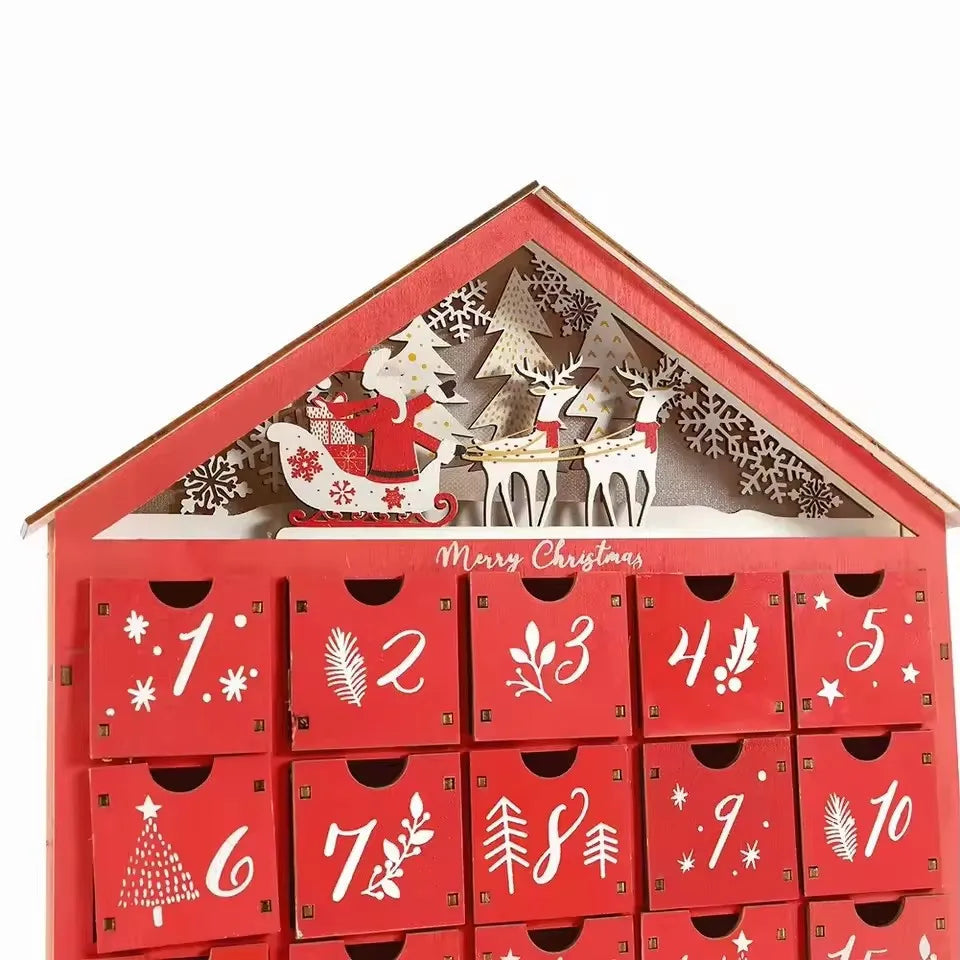 Wooden Advent Calendar Red House Design with LED Lights - Product detail 4