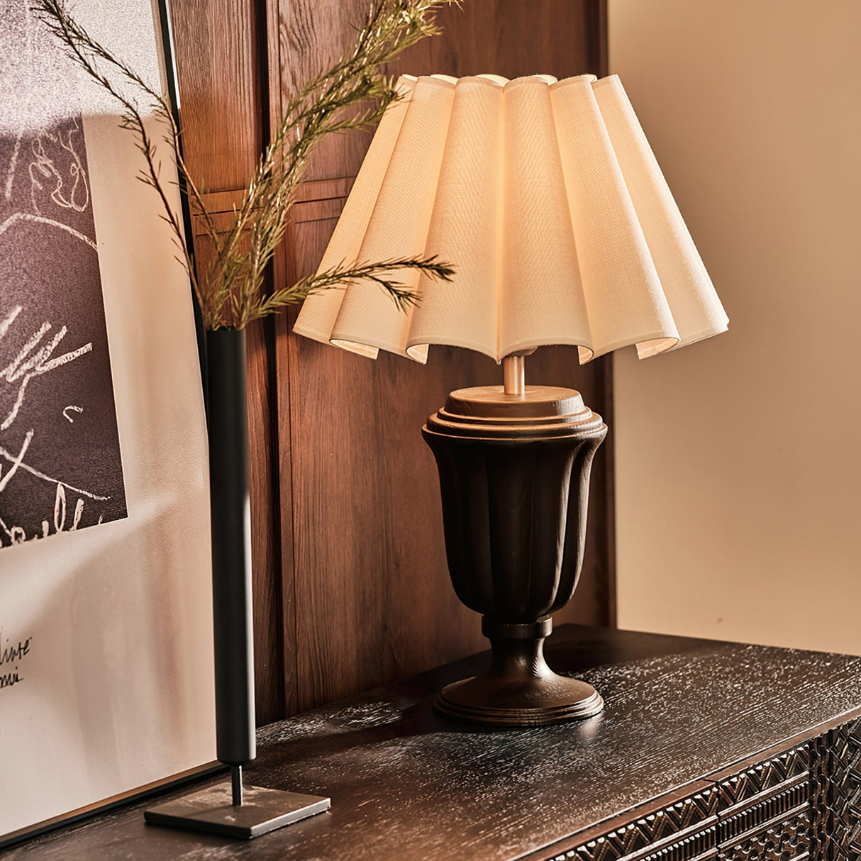 Classic Table Lamp Pleated Wood Base With Fabric Shade - Detailed view