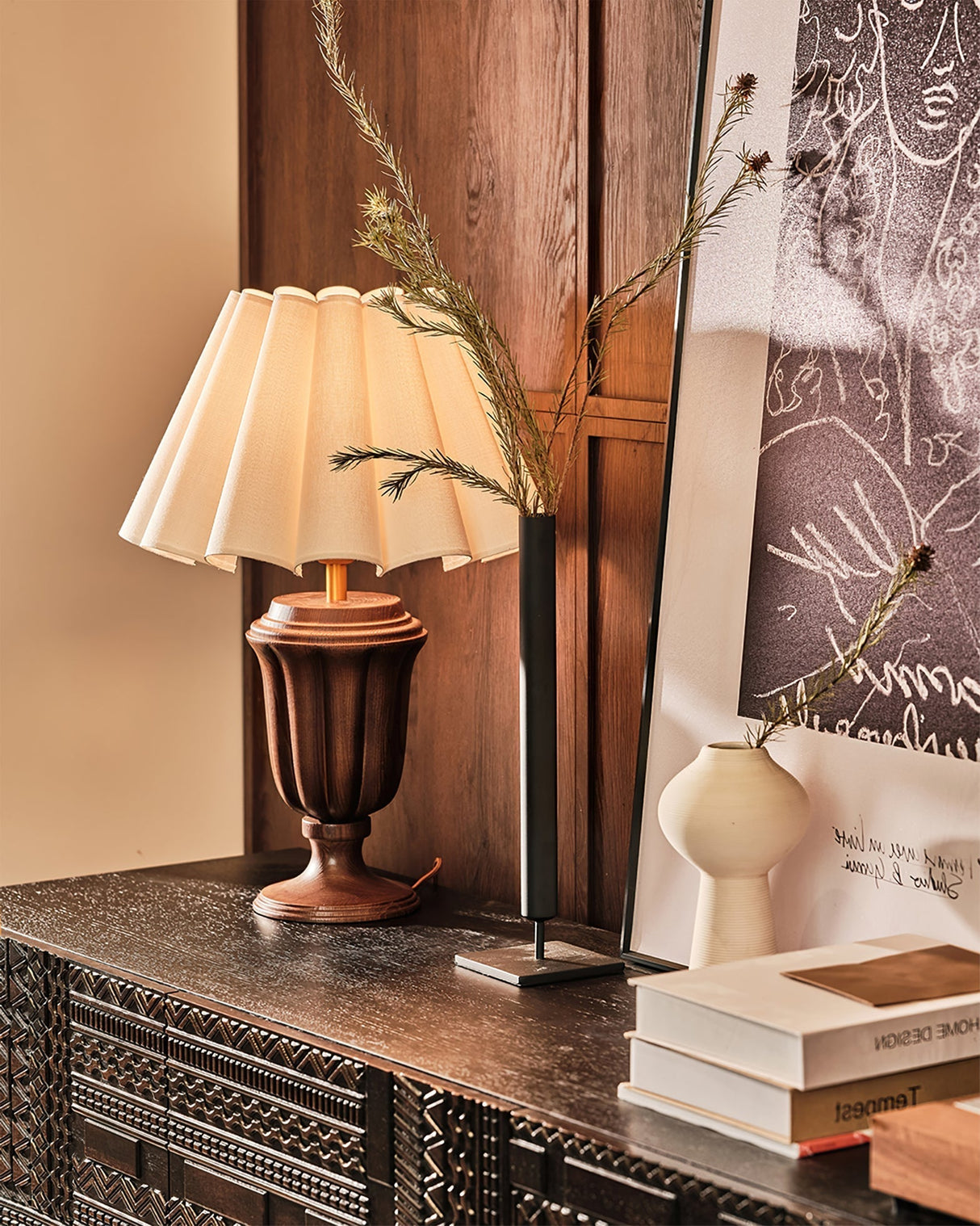 Classic Table Lamp Pleated Wood Base With Fabric Shade - Product detail 5