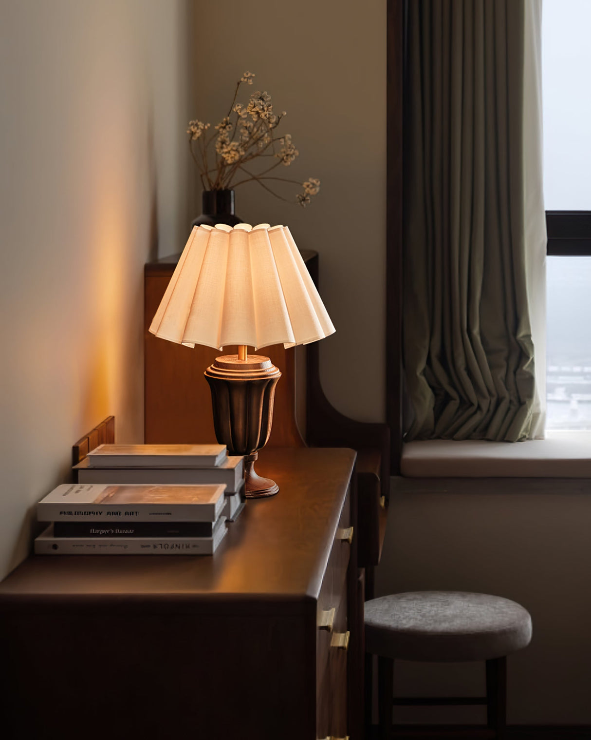 Classic Table Lamp Pleated Wood Base With Fabric Shade - Product example