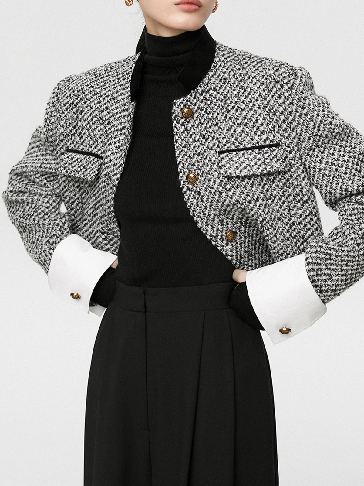 Tweed Boucle Crop Blazer Black White Houndstooth Pattern - Product showcase