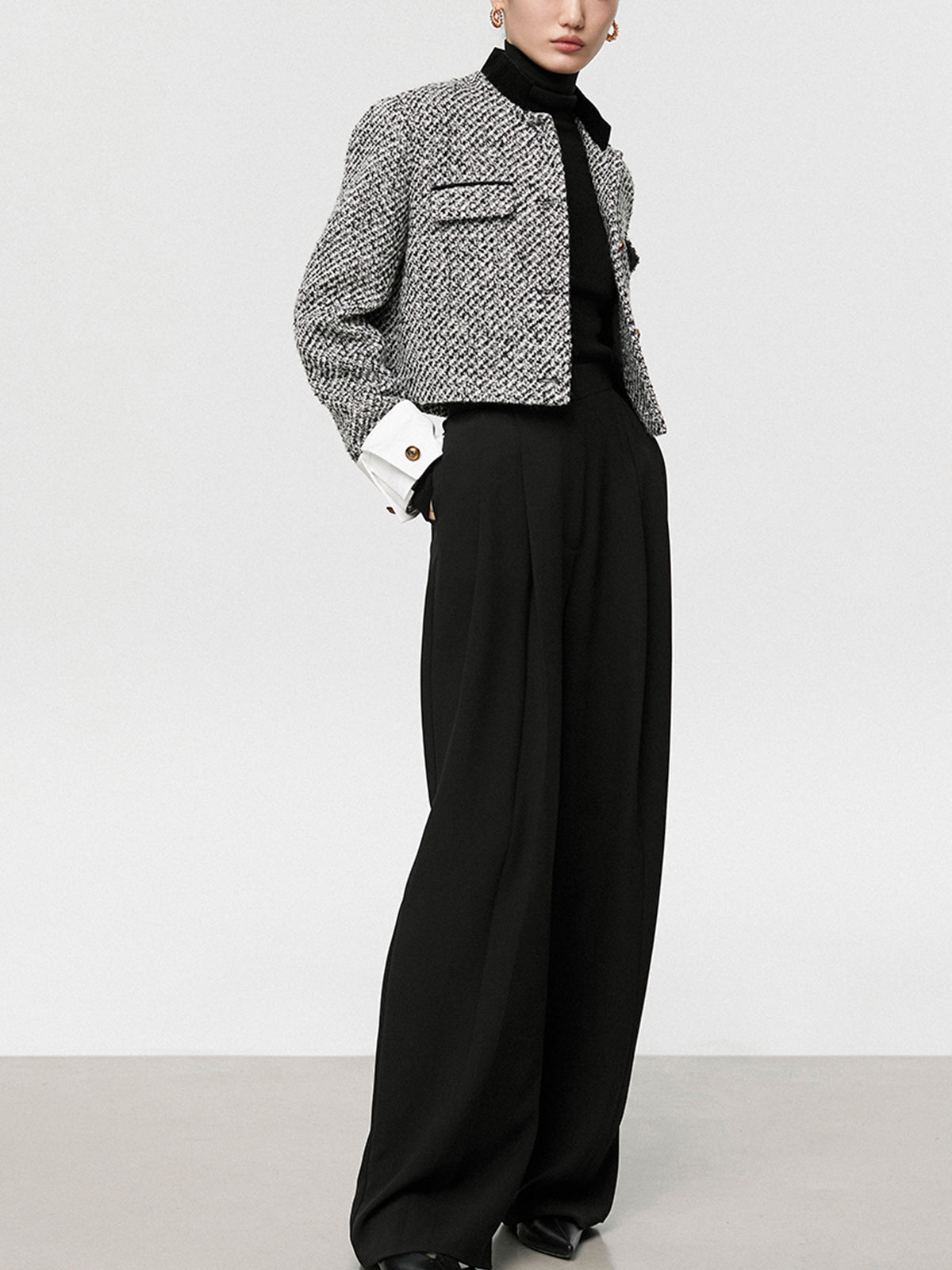 Tweed Boucle Crop Blazer Black White Houndstooth Pattern - Product example
