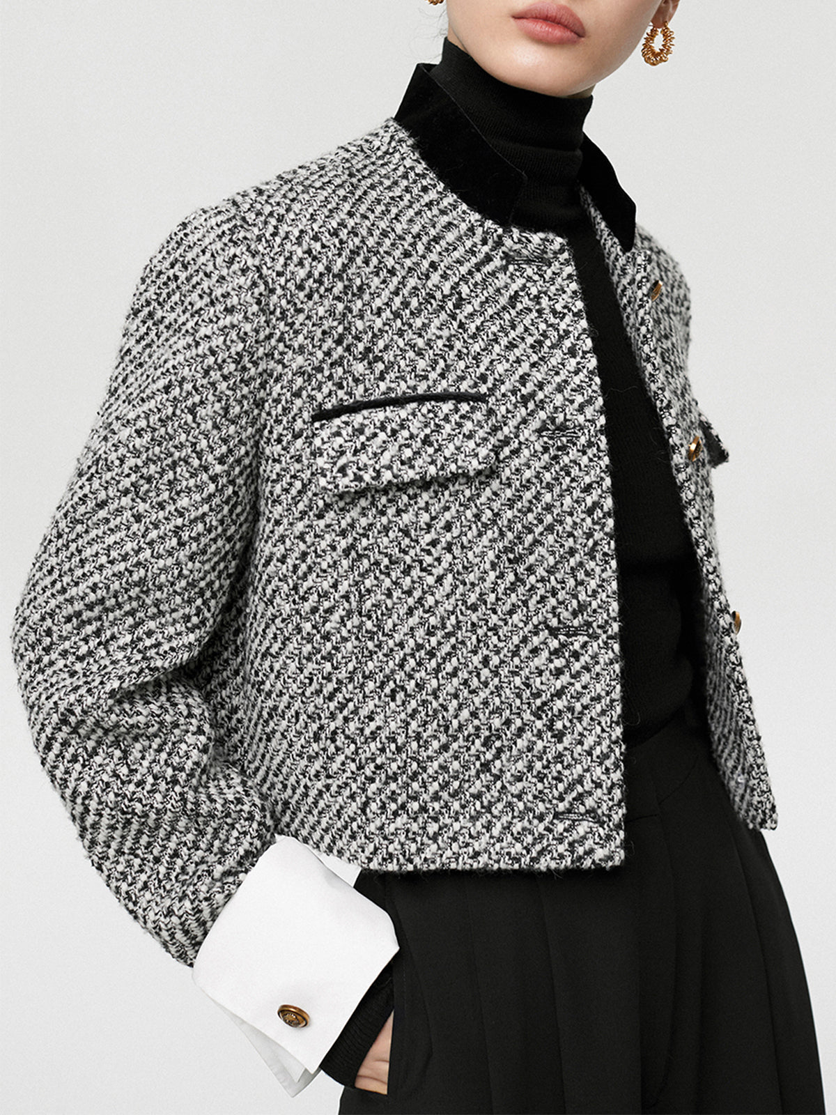 Tweed Boucle Crop Blazer Black White Houndstooth Pattern - Product detail 4