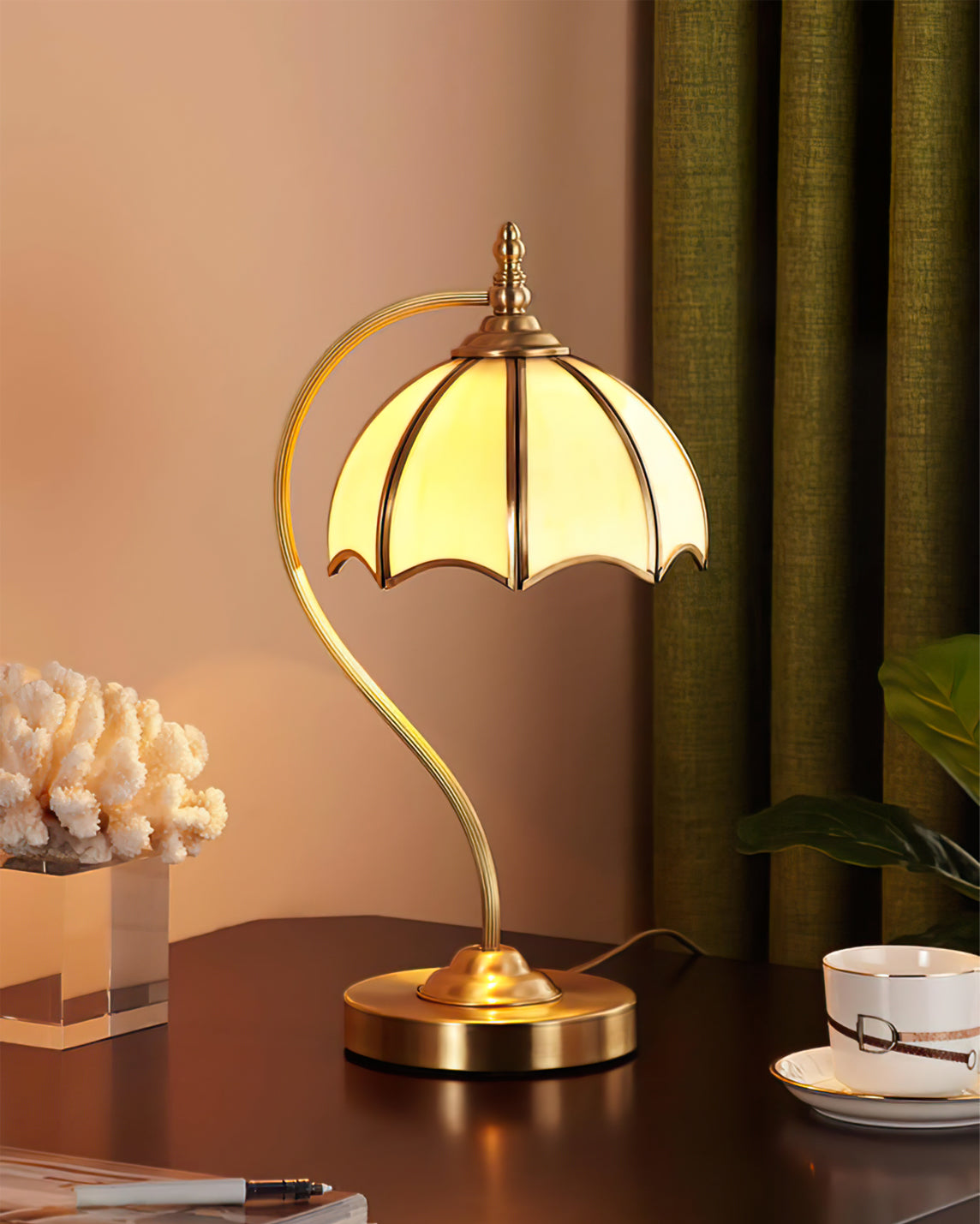 Vintage Table Lamp Brass Umbrella Glass Shade - Product detail 8