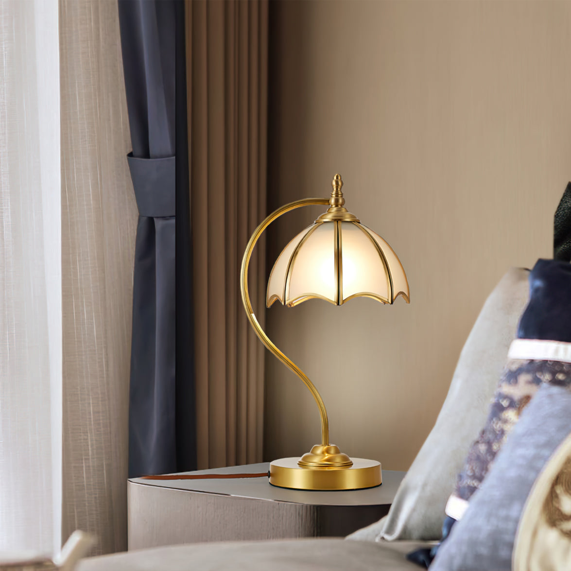 Vintage Table Lamp Brass Umbrella Glass Shade - Product detail 7