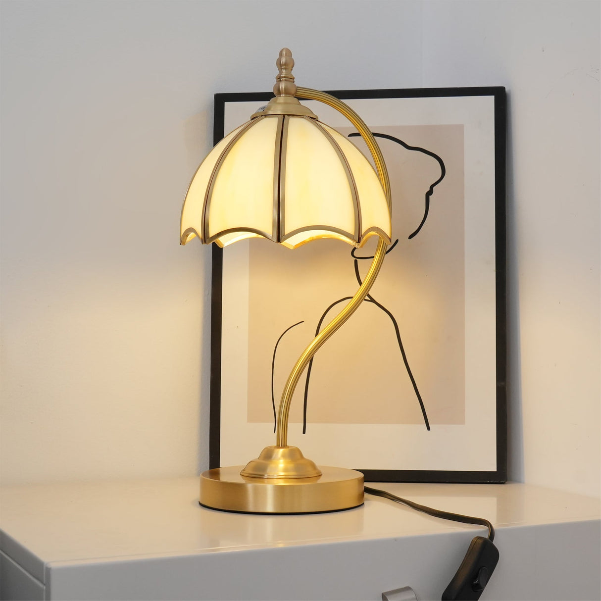 Vintage Table Lamp Brass Umbrella Glass Shade - Product detail 11