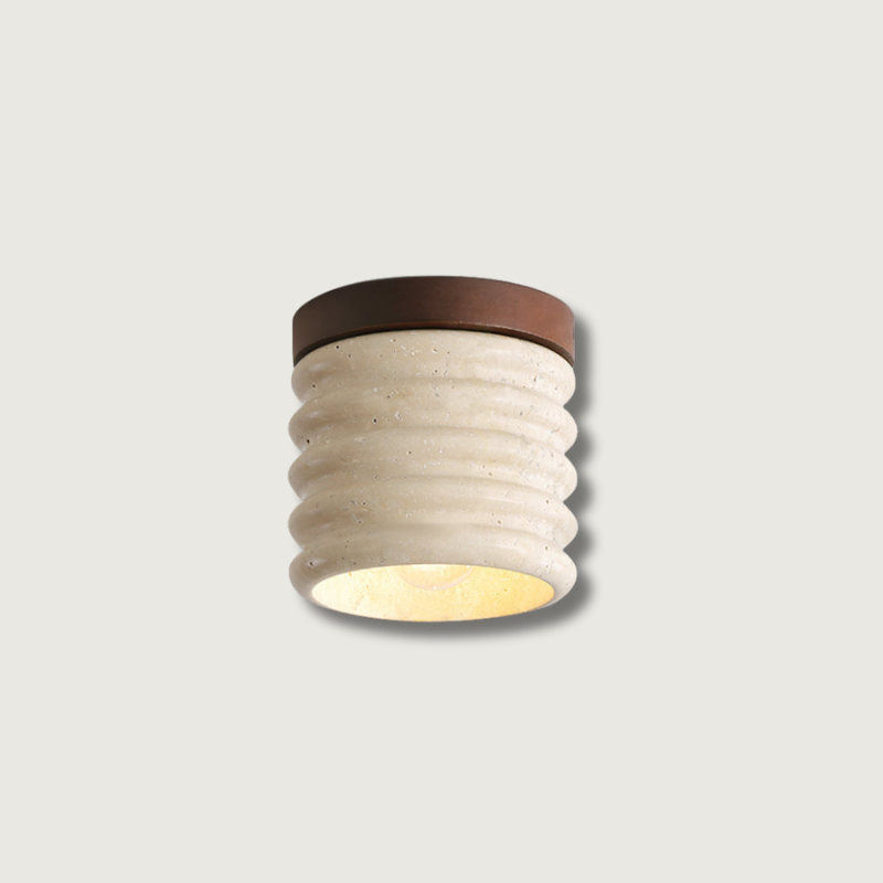 Modern Travertine Ceiling Light Ribbed Stone and Wood Design - Product showcase