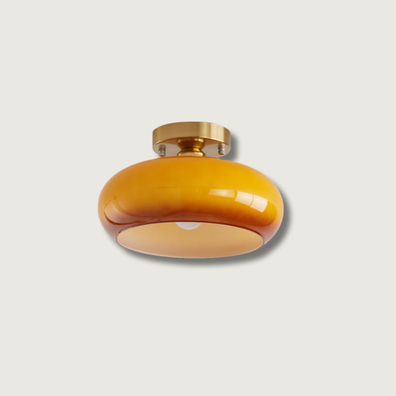 Modern Glass Ceiling Light Amber Dome Shade With Gold Base - Product showcase