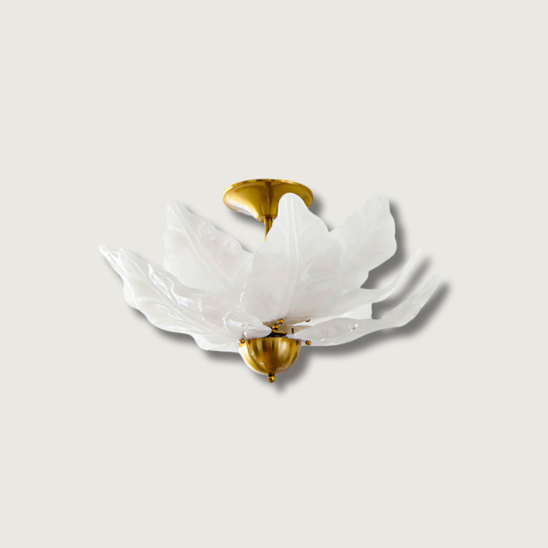 Glass Leaf Ceiling Light White Petal Design With Brass Accents - Product showcase