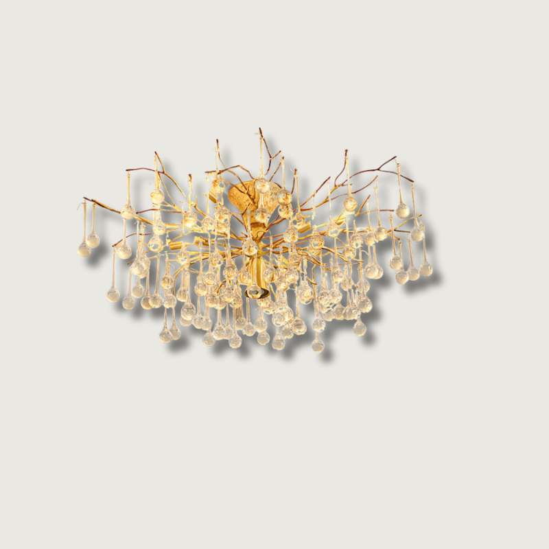 Crystal Glass Ceiling Light Brass Frame with Droplet Pendants - Product showcase