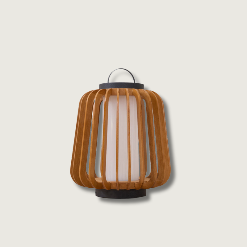 Modern Outdoor Table Lamp Wood Slat Lantern Design - Product showcase