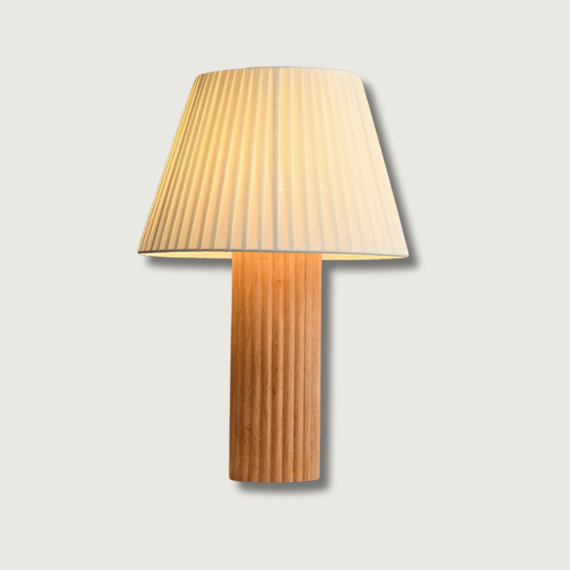 Modern Table Lamp Ribbed Wood Base with Pleated Shade - Product showcase
