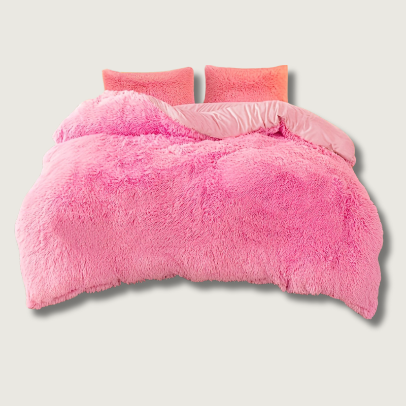 Plush Velvet Bedding Set  Soft Pink Duvet Cover with Pompom Trim - Detailed view