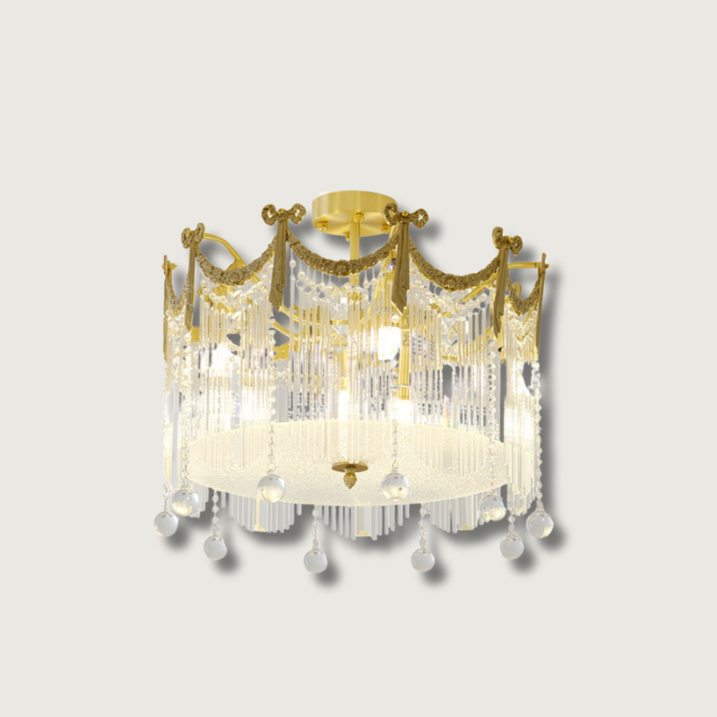 French Crystal Ceiling Light Brass Crown Design With Water Droplets - Product showcase