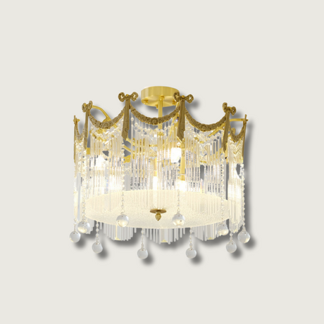 French Crystal Ceiling Light  Brass Crown Design With Water Droplets - Product showcase