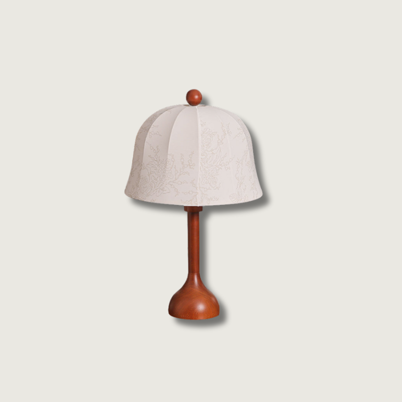 Scandinavian Table Lamp Walnut Wood Base with Floral Shade - Product showcase