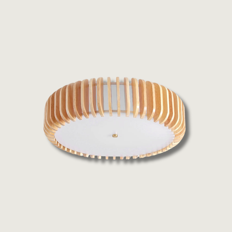Modern Wooden Ceiling Light Natural Slat Drum Design - Product showcase